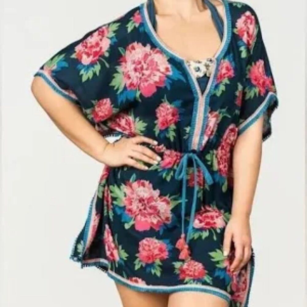 Matilda Jane | Cool Shade Swim Coverup Mini Dress Blue Floral Fringe Cotton Med